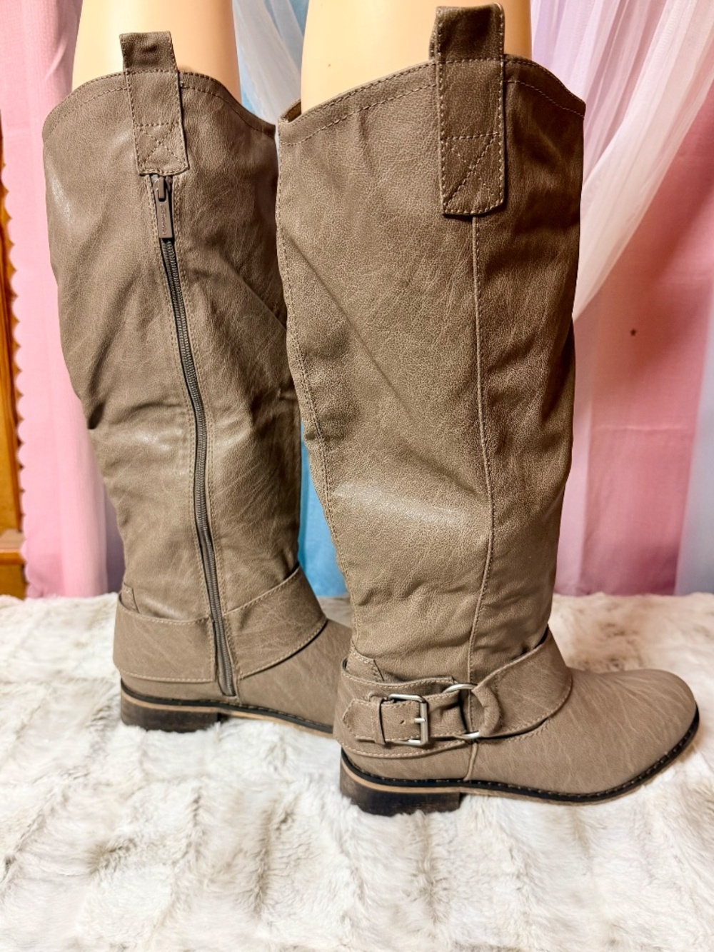 Breckelle's Beige Knee High Man Made Boots With a Side Zipper